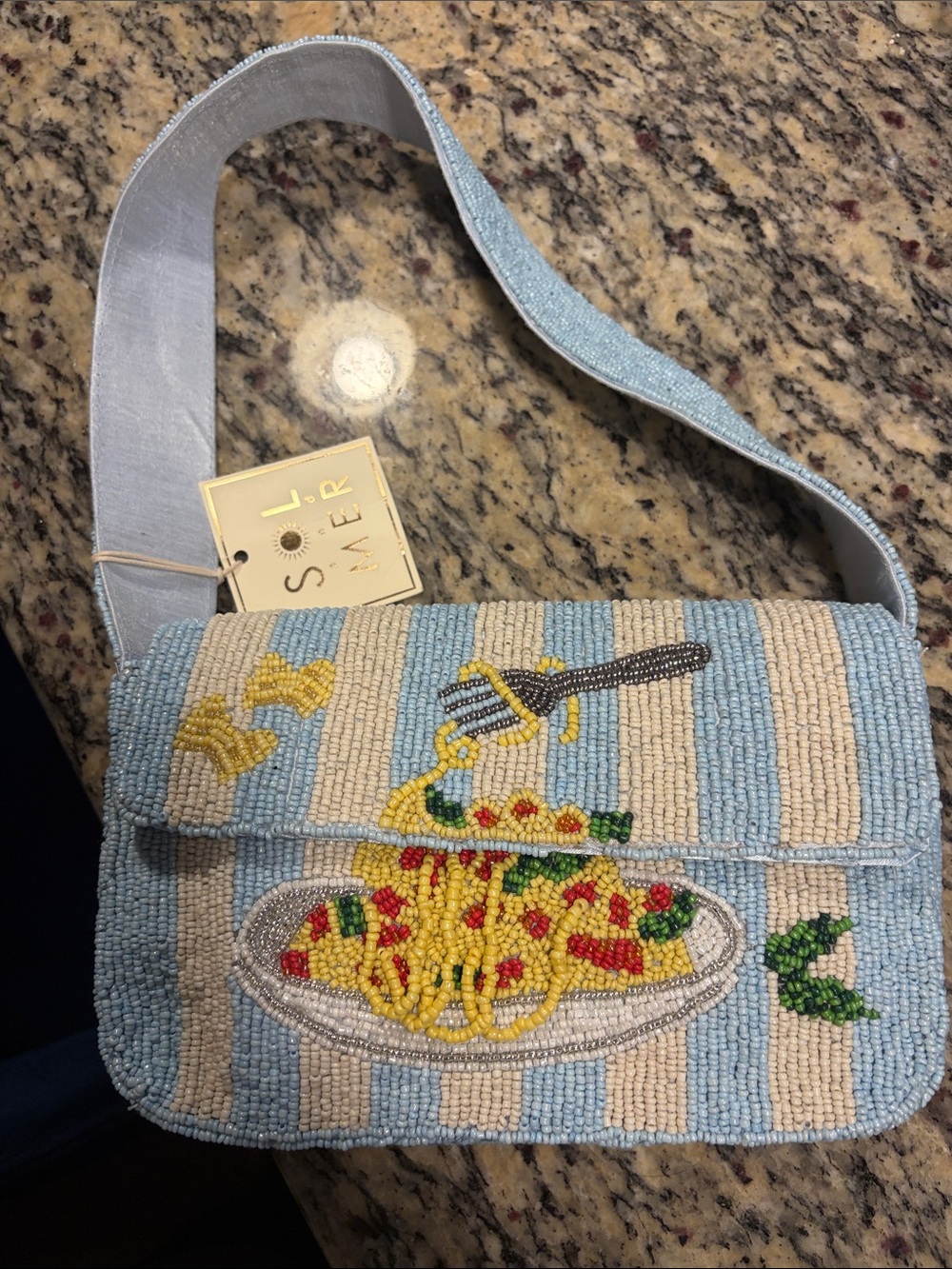Beaded Pasta Motif Shoulder Bag - Light Blue & Cream Sol & Mer
